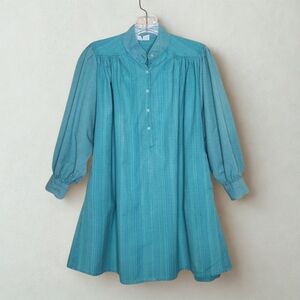 Vintage Bamberger's Teal Blue Tunic Shirt Dress Mini Pleated Long Sleeve